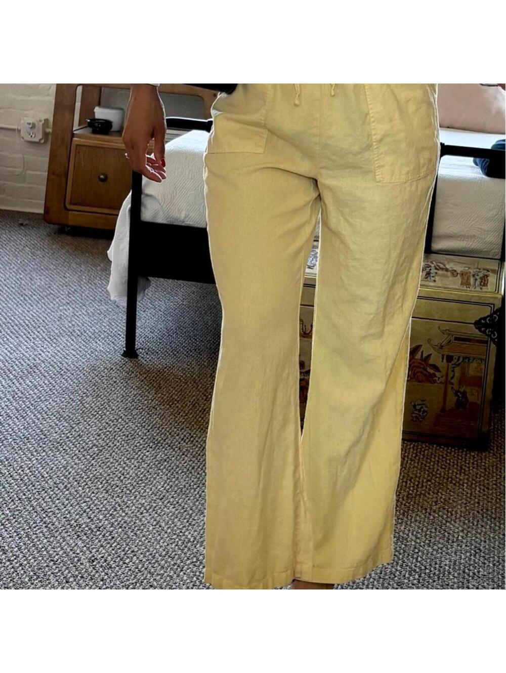 Butter Yellow Linen Wide Leg Drawstring Pants | Elastic Waist | Size L